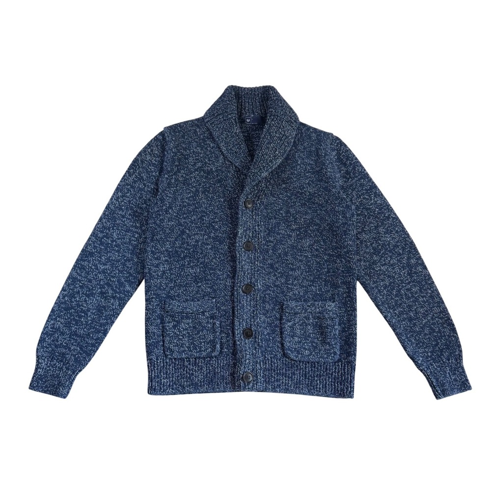 GAP Mens Blue Marled Shawl Collar Cardigan Sweater 100% Cotton Large Chunky Knit